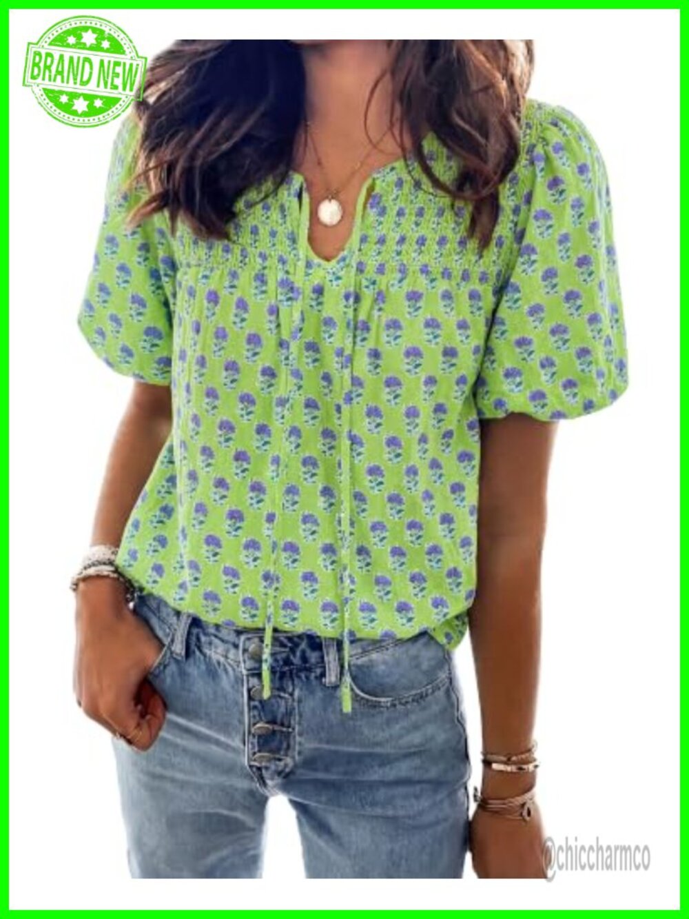 Boho Floral Puff Short Sleeve Blouse V-Neck Drawstring Peasant Top